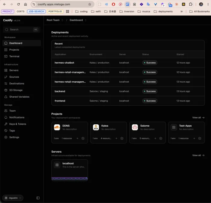 Servicios desplegados en Coolify